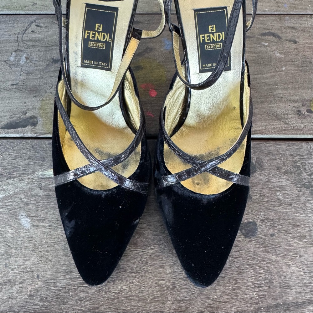 Fendi Black Velvet Cross-Strap Heels - Picture 2 of 9